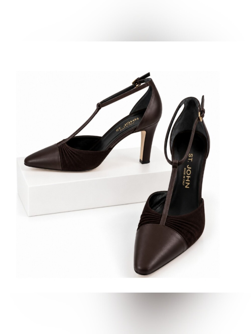 St. John Brown T-Strap Heels Size 8 Leather Heels Cap Toe Quiet Luxury Coquette